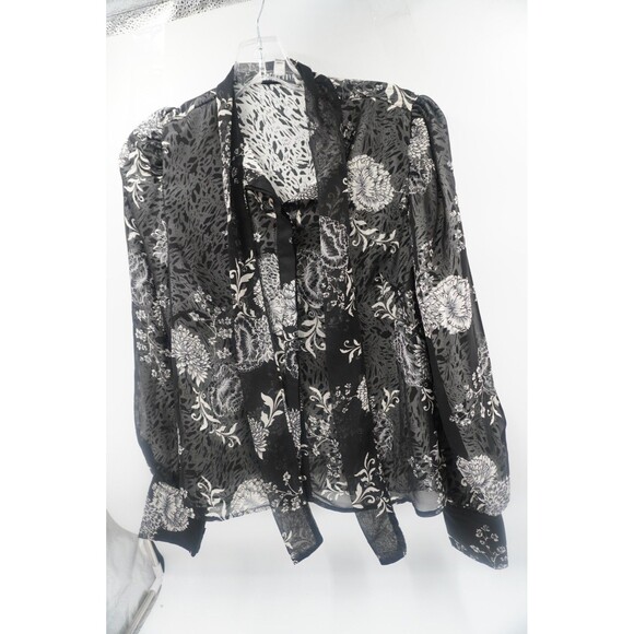Walter Baker Black & White Floral Botanical Print Blouse Ruffle Tie Neck Size S - Picture 3 of 8